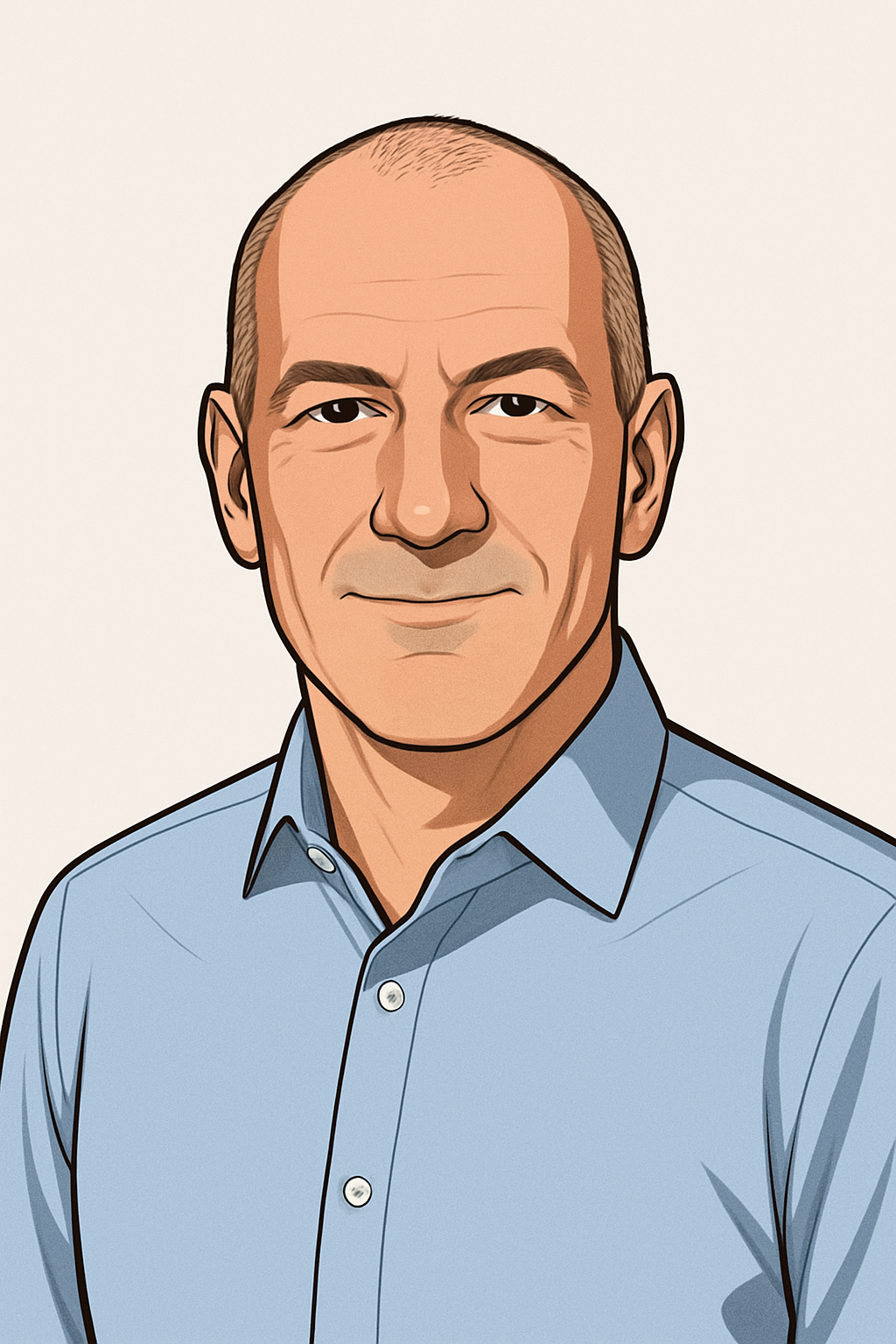 Cartoon-style portrait of Gary Wooton, smiling and wearing a light blue shirt. Friendly and professional, set against a plain background.