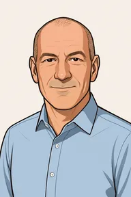 Cartoon-style portrait of Gary Wooton, smiling and wearing a light blue shirt. Friendly and professional, set against a plain background.